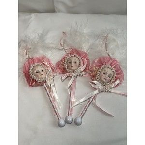 3 Vintage Lollipop Doll‎ FACE/MASK Christmas Ornaments Hanging FEATHERS Pink